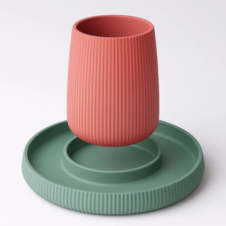 3D Printed Ribbed Desk Organizer with Integrated Catch-All Tray | Minimalist Pen Pot Set