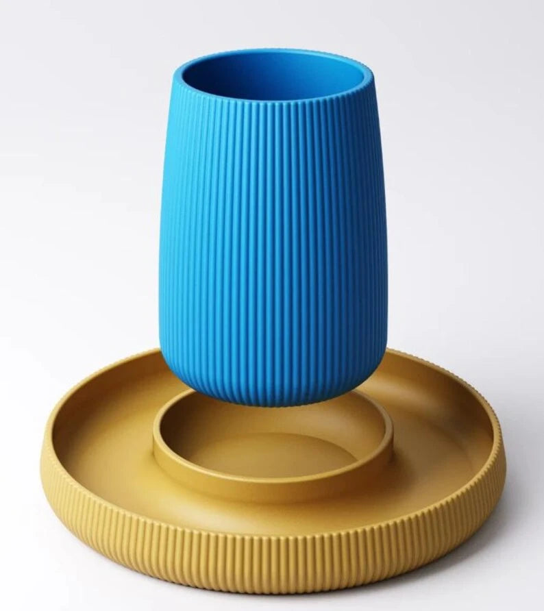 3D Printed Ribbed Desk Organizer with Integrated Catch-All Tray | Minimalist Pen Pot Set