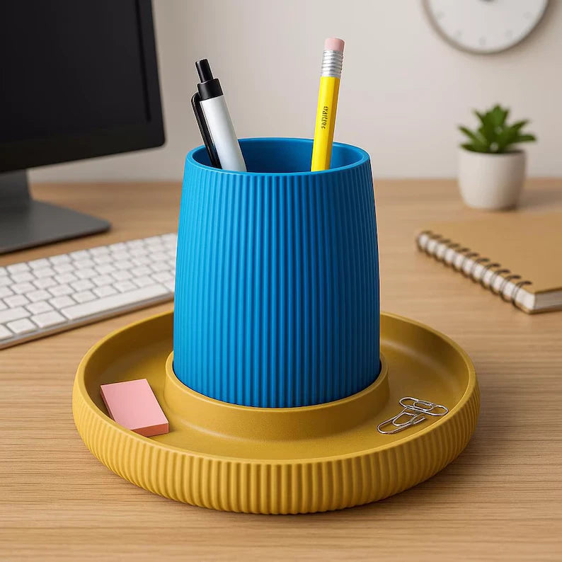 3D Printed Ribbed Desk Organizer with Integrated Catch-All Tray | Minimalist Pen Pot Set