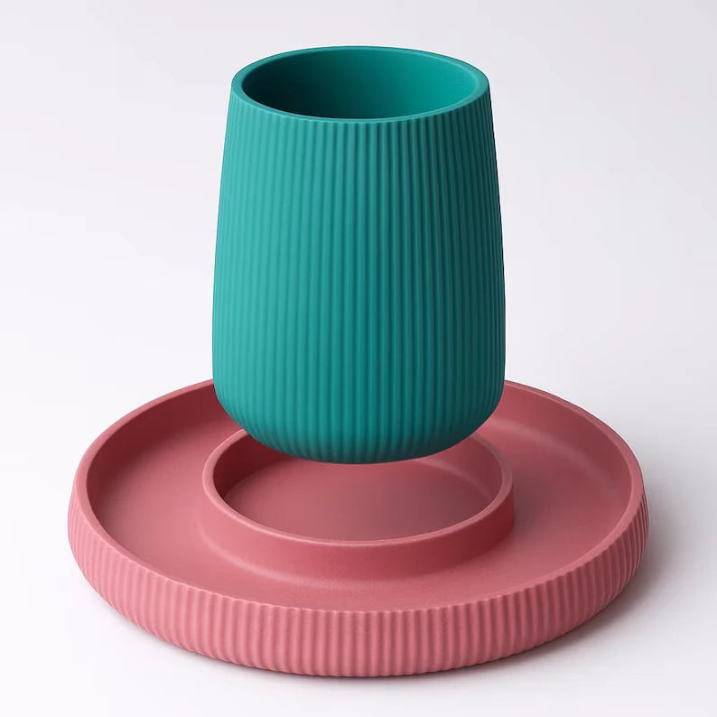 3D Printed Ribbed Desk Organizer with Integrated Catch-All Tray | Minimalist Pen Pot Set